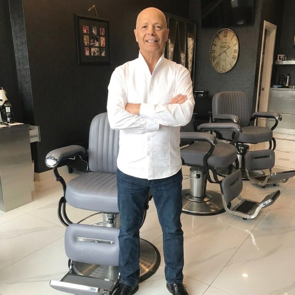Eli, owner of Old School Barber, standing with arms crossed beside the barber chairs in his Forest Hill shop